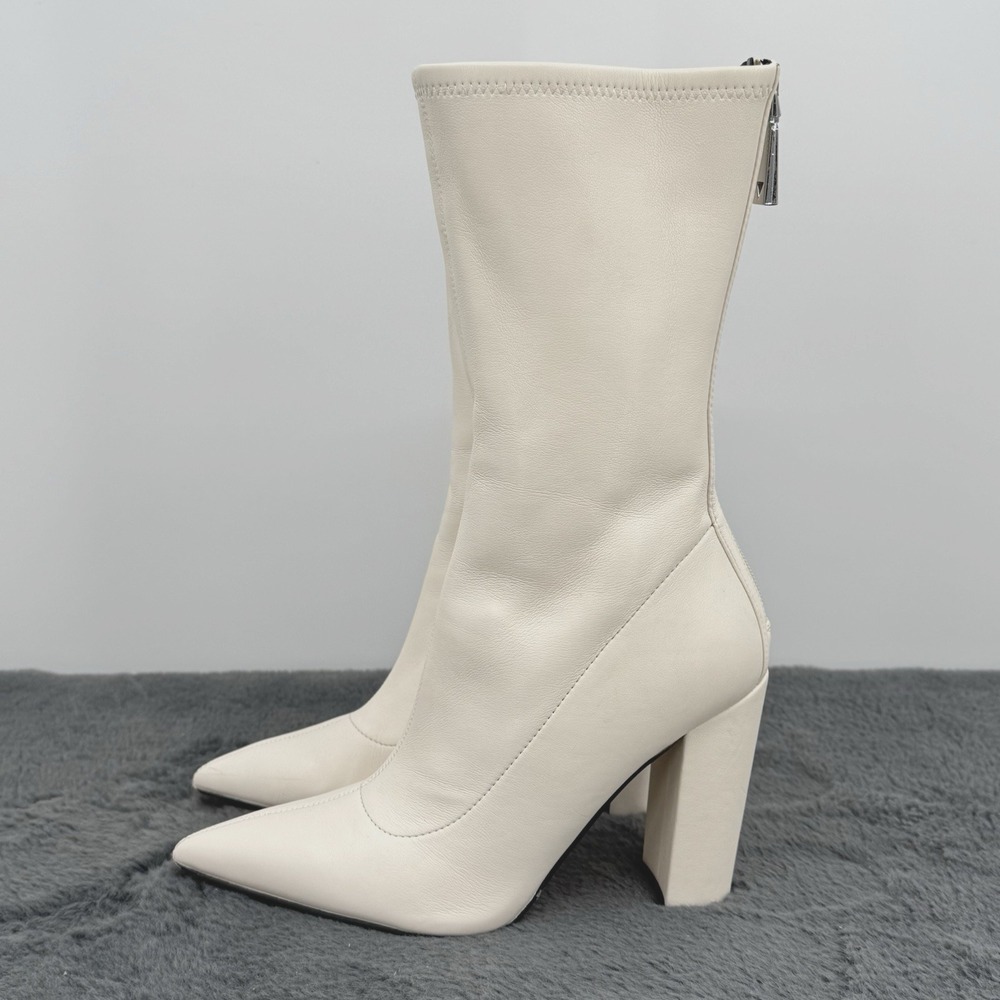 Guess White Pointed Toe Mid Calf Vegan Leather Boots Block Heel Zip 8.5 M Y2K